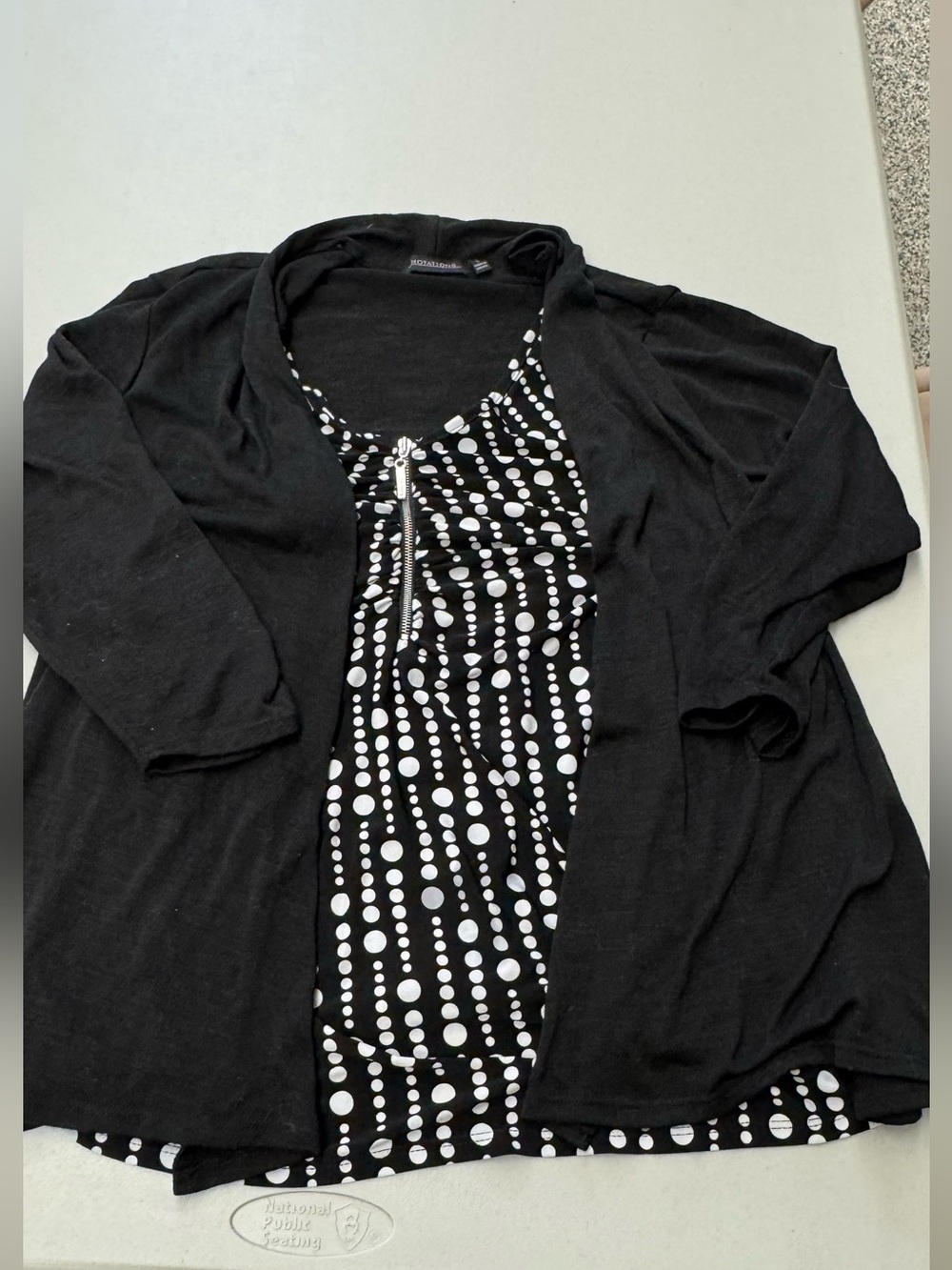 Notations Black & White Polka Dot shirt top with Front Zip